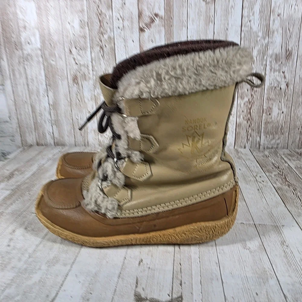 Vintage‎ Sorel Nanook Women Tan Brown Leather Faux Fur Trim Snow Boots Canada